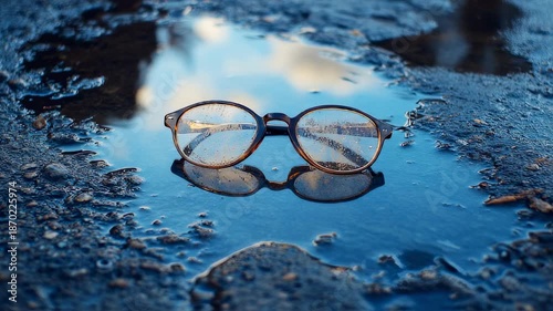 Eyeglasses in a puddle reflecting the sky, capturing a serene and contemplative scene