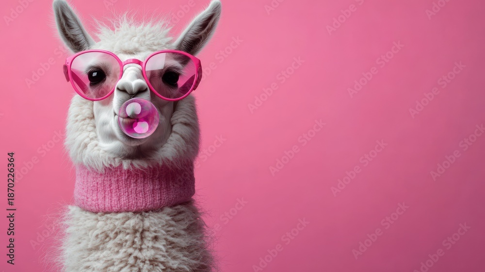 Naklejka premium fluffy white alpaca wearing pink glasses and a knitted neck warmer blowing a bubble of gum with a playful, quirky expression against a bright pink background