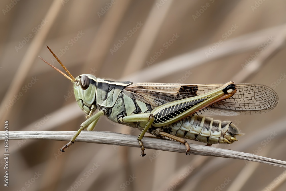 Fototapeta premium Green Grasshopper on Dry Grass Close-Up Macro Nature Wildlife Photography