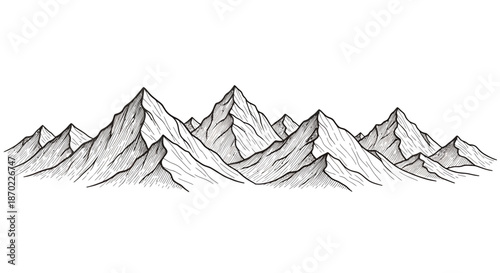 Hand drawn illustration of a mountain range with multiple peaks and detailed shading.