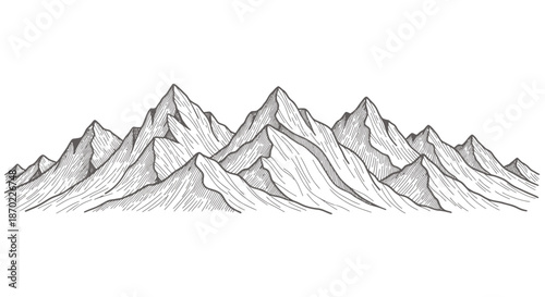 Hand drawn sketch of a mountain range with detailed peaks and ridges.