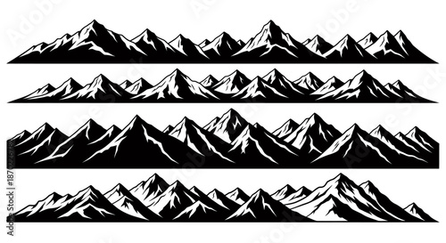 Set of hand drawn black and white mountain range silhouettes in a graphic style.