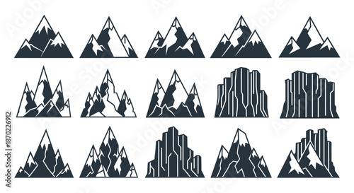 Set of various stylized mountain silhouettes and cliff icons in a minimalist graphic style.