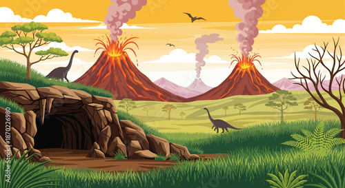 Prehistoric landscape with dinosaurs, volcanoes erupting, and a cave in a lush green environment.