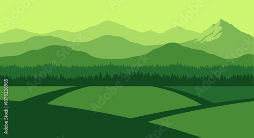 Vector illustration of a green landscape with rolling hills, mountains, and distant forests under a clear sky.