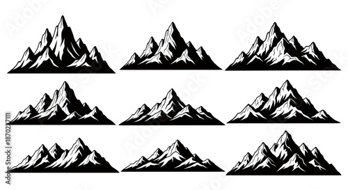 Set of nine hand-drawn mountain peak illustrations in black and white style.