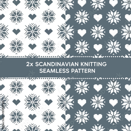 Scandinavian nordic winter snowflake heart seamless knitting patterns for festive holiday design vector