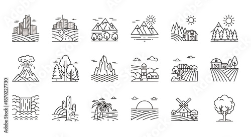 Set of minimal linear icons representing various natural and urban landscapes including mountains, forests, and fields.
