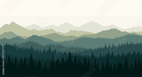Serene landscape illustration of layered mountain ranges with dense pine forest in foreground.