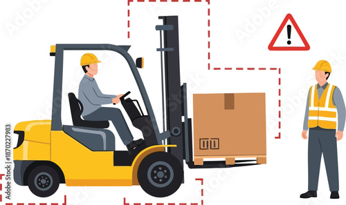 Forklift operator moves large box with colleague nearby safety warning sign industrial workplace logistics vector