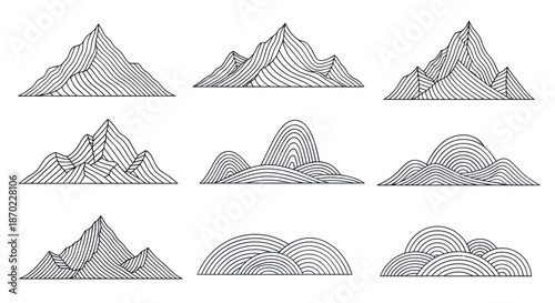 Set of nine minimalist mountain and hill line art icons with different shapes and styles.