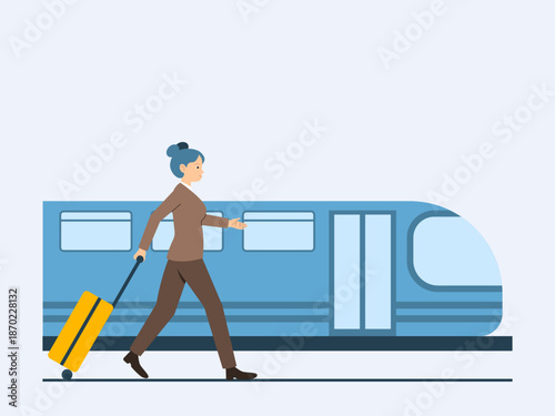 Busy woman walking on a train station with luggage. Commuter illustration. Flat vector concept.