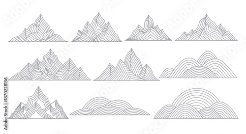 Set of minimalist mountain and hill line art icons with geometric shapes.
