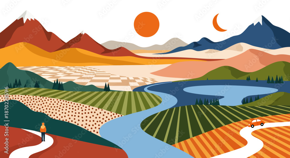 Obraz premium Colorful abstract landscape illustration with mountains, river, and fields under sun and moon.