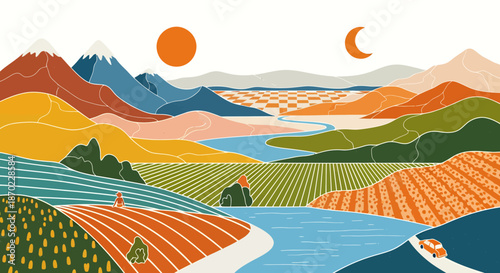 Colorful abstract landscape illustration with mountains, river, fields, sun and moon in a scenic valley.