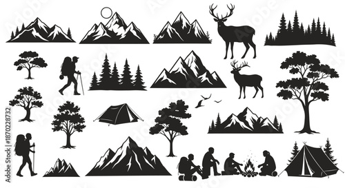 Silhouette collection of outdoor camping and hiking elements with mountains, trees, tents, hikers, and wildlife.