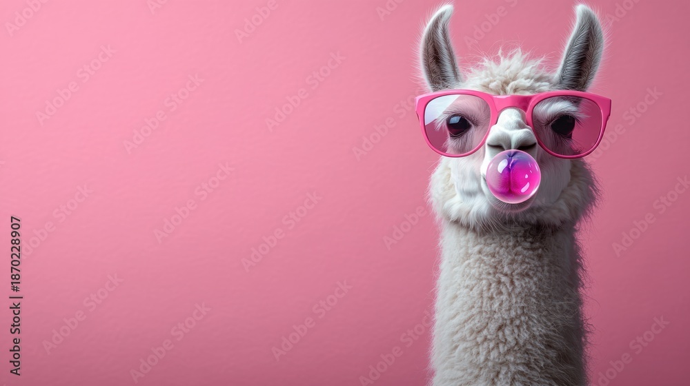 Obraz premium fluffy white alpaca wearing pink sunglasses blowing a pink bubble gum bubble against a pastel pink background, playful and cheeky portrait