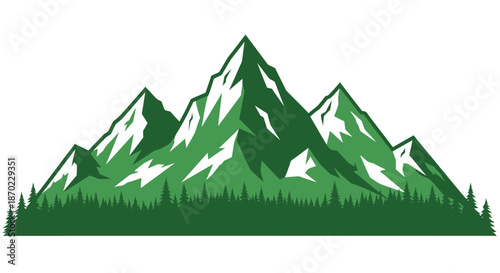 Green mountain range illustration with snow peaks and forest at the base on white background.