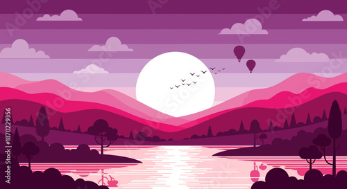 Colorful sunset landscape with mountains, trees, river, and hot air balloons in a stylized illustration.