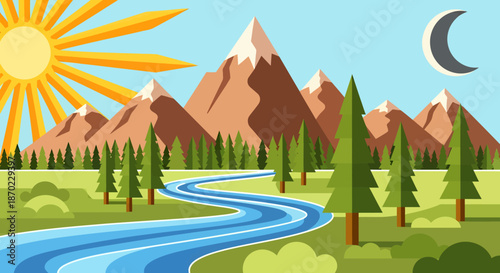 Illustration of a scenic mountain landscape with river, trees, sun, and moon in the sky.