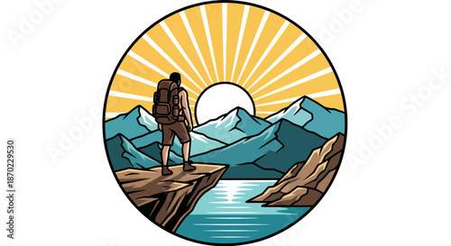 Illustration of a hiker standing on a cliff overlooking mountains and sunrise scenery.