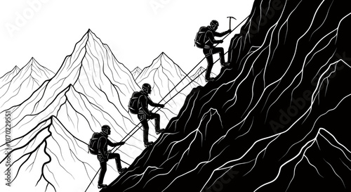 Three climbers ascending a steep mountain slope with ropes and ice axes in a black and white illustration.