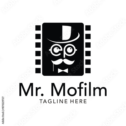 Creative logo design featuring a vintage gentleman character with hat, glasses, and mustache inside a film strip frame. Suitable for film production, movie studio, video creator, cinema brand