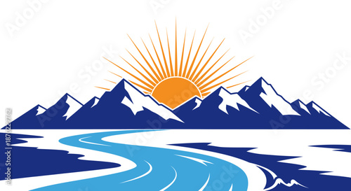 Illustration of sunrise over mountain range with river flowing in foreground.