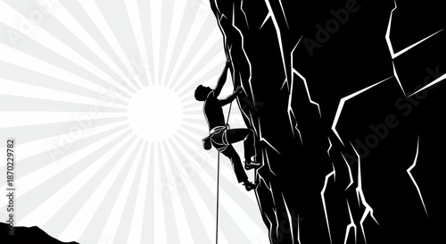 Silhouette of a rock climber ascending a steep cliff with sunburst background.