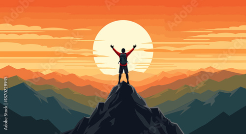 Person standing triumphantly on a mountain peak at sunrise with arms raised in victory.