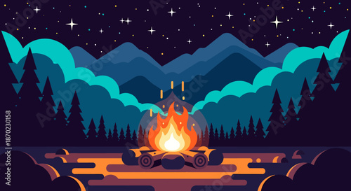 Illustration of a campfire burning in a forest clearing under a starry night sky with mountains in the background.