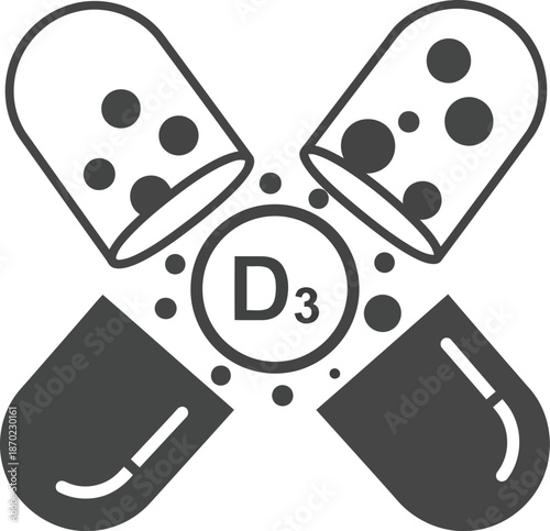 Vitamin d3 capsule bursting with tiny pellets showing nutrient health supplement abstract vector