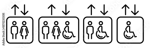 Elevator icon set in outline style with male, female and wheelchair accessibility symbols. Lift signage icons with up and down arrows for floors and navigation. 