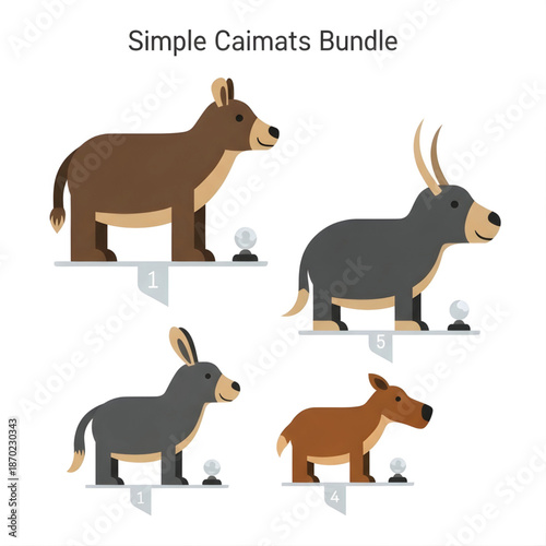 A collection of four simple, flat-design cartoon animals, including a donkey, antelope, and two other mammals, presented as a graphic asset bundle.
