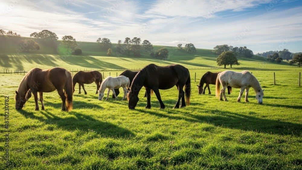 Obraz premium Horses Grazing in Green Pasture Field.
