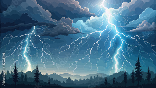 Dramatic Lightning Storm Over Forested Landscape