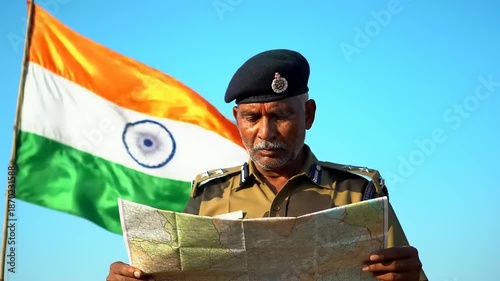 Indian Officer Studying Map with Flag in Background.
