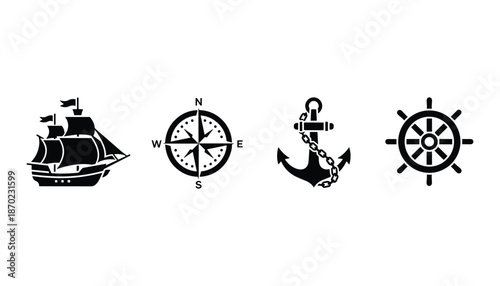 Ship and compass with anchor and wheel isolated on transparent background vector illustration