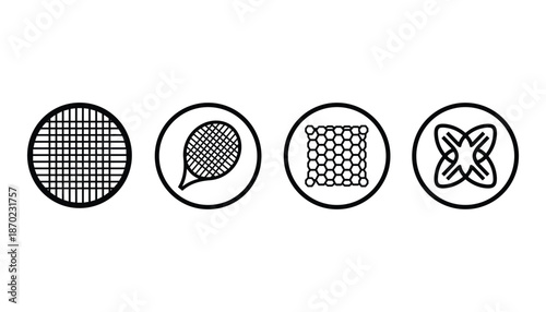 Tennis racket head vector icon set in round frame sport equipment design on transparent backdrop