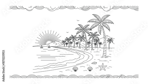 Tropical island paradise with palm trees and ocean waves drawn in black and white style vector