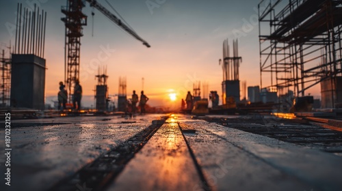 A construction site at sunset, showcasing silhouettes of workers among scaffolding and beams, with a warm glow illuminating the scene.