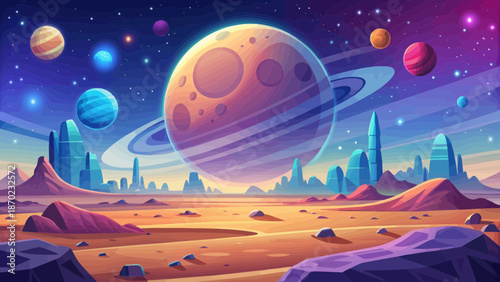 Vibrant alien planet landscape with ringed planet