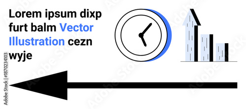 Business strategy, time management, data analysis, progress tracking, goal setting, productivity. Clock, upward chart and arrow pointing left . Business strategy and time management concept