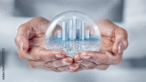 business hand presenting transparent city sphere, artificial intelligence icons, futuristic technology concept
