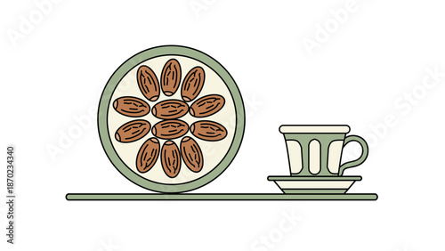 Simple Outline Style Dates and Tea Cup for Ramadan Iftar Meal