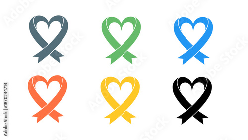 Simple Flat Ribbon Heart Symbol Various Colors for Awareness Support