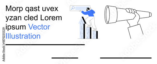 Business strategy, exploration, market research, progress tracking, goal setting, and analytics. A person examining growth bars and a hand holding a telescope. Business strategy and exploration