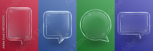 Vector illustration. Set of 3D glass morphism quote frames. Transparent speech bubbles on colorful backgrounds. Modern template for poster, testimonials, web UI design. Sleek and glossy style