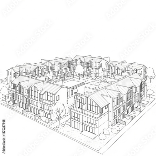 Detailed wireframe architectural illustration showcasing a modern residential cluster design, outlining a blueprint for urban housing development and community planning