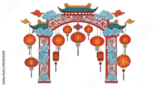 Chinese gate with red lanterns traditional archway.